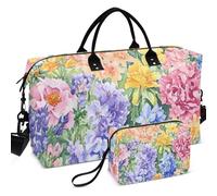 Quilted Travel Duffel Bag Set All-over Printed With Small pouching Portable for Sports & Gym, cute spring Flowers rustic colorful, One Size, Retro