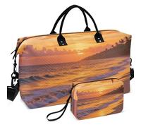 Quilted Travel Duffel Bag Set Wave Ultrasonic Quilted Convertible Shape Portable for All Seasons, Tropical Palm Tree Paradise Ocean Beach, One Size, Retro