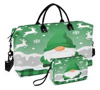 Quilted Travel Duffel Bag Set Wave Ultrasonic Quilted | Trolley Sleeve Large Capacity for Daily Storage Cute Gnome Green Buffalo Plaid with Snowflakes Gift Santa