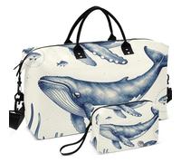 Quilted Travel Duffel Bag Set Wave Ultrasonic Quilted Trolley Sleeve Lightweight for Sports & Gym, Blue Whale Sea Turtle Marine Life, One Size, Retro