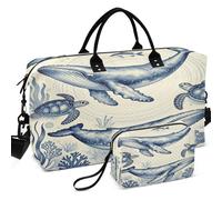 Quilted Travel Duffel Bag Set Wave Ultrasonic Quilted Trolley Sleeve Lightweight for Sports & Gym, Blue Whale and Sea Turtle Ocean, One Size, Retro