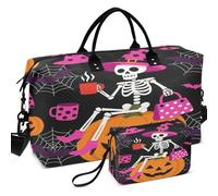 Quilted Travel Duffel Bag Set Wave Ultrasonic Quilted Trolley Sleeve Lightweight for Sports & Gym, Halloween Skeleton Witch on Pumpkin Seamless, One Size, Retro