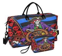 Quilted Travel Duffel Bag Set Wave Ultrasonic Quilted Trolley Sleeve Lightweight for Sports & Gym, Pirate Skull Sea Thief Buccaneer, One Size, Retro