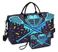 Quilted Travel Duffel Bag Set Wave Ultrasonic Quilted With Small pouching Easy Storage for All Seasons, Lacrosse Ice Cream Drip Lax Boys Helmet Stick, One Size, Retro
