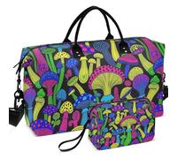 Quilted Travel Duffel Bag Set Wave Ultrasonic Quilted With Small pouching Easy Storage for Sports & Gym, Psychedelic Mushroom Pattern Magic Mushrooms, One Size, Retro
