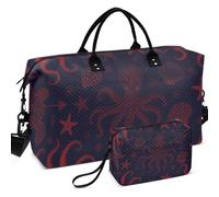 Quilted Travel Duffel Bag Set Wave Ultrasonic Quilted With Small pouching Lightweight for Sports & Gym, Red Tentacle Sea Creature Ocean, One Size, Retro
