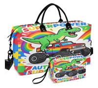 Quilted Travel Duffel Bag Set Wave Ultrasonic Quilted | With Small pouching Portable for Daily Storage Autism Is My Superpower Dino T Rex monsters Truck Kids Boys