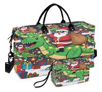 Quilted Travel Duffel Bag Set Wave Ultrasonic Quilted | With Small pouching Portable for Sports & Gym Funny Santa Riding Dinosaur T Rex Christmas Santa Dinosaur