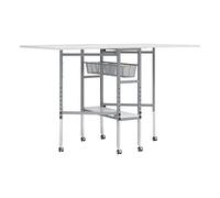 Quilting/Fabric Cutting Table with Grid Top and Silver Legs and Wheels | Adjustable Height Folding Craft Table with 2 Drop Leaves, Mobile, Compact, Easy to Store, Shelf and Tray for Craft Projects