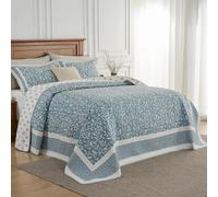 QuiltMuse Botanical Oversized Bedspread Queen Size 102"x120" - 100% Cotton Lightweight Extra Large Queen Quilt with 2 Pillowshams, Farmhouse Reversible Plant Pattern Bedding Coverlet, Blue Haze/Beige
