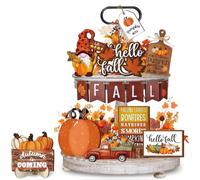 Quimoy 19 Pcs Fall Tiered Tray Decor, Hello Fall Pumpkin Gnome Truck Decorative Signs, Autumn Thanksgiving Day Wooden Tray Decorations for Home Kitchen, Rustic Farmhouse Table Decor