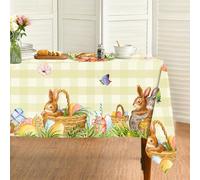 Quimoy Easter Tablecloth Rectangular 60x84 Inch, Cute Bunny Eggs Flower Butterfly Rabbits Table Cloth, Easter Plaid Table Cover for Party Banquet Picnic Kitchen Dinner Decor