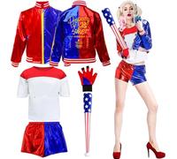 Quin-n Costumes Adults Women Villain Costumes, Halloween Cosplay Villain Clown Fancy Dress Outfits Set With Jacket T-shirt Shorts Glove Inflatable Baseball Bat Joker for Carnival Halloween Adults