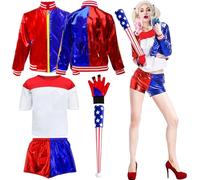 Quin-n Costumes Adults Women Villain Costumes, Halloween Cosplay Villain Clown Fancy Dress Outfits Set With Jacket T-shirt Shorts Glove Inflatable Baseball Bat Joker for Carnival Halloween Adults