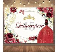Quinceanera 15th Birthday Backdrop For Sweet Mis Quince Anos Party Decorations Red And Gold Glitter Floral Crown Butterfly 350x240CM