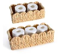 Quincry Scalloped Edge Organizer Basket for Toilet Tank Top with Wooden Handle, Wicker Storage Over Above Behind Toilet, Hand Woven Paper Rope Back of Toilet Tray (Set 2 Water hyacinth)