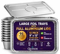 QUINDE Large Foil Trays with Lids, Full Aluminium Containers, 9x13, 10 Pack | 3500ml Tin Foil Trays | Deep Roasting | Foil Baking Trays | Party Trays