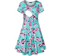 Quinee Women's Floral Short Sleeve Summer Maternity Nursing Breastfeeding Dress, Green Pink Floral, L