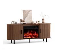 Quiniver 65" Curved Fluted TV Stand With Electric Fireplace Walnut