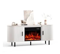 Quiniver 65" Curved Fluted TV Stand With Electric Fireplace White | 750W&1500W heating, remote flame control, 8H timer, sliding door storage, water resistant wood, anti-tip kit, UKCA CE