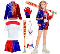 Quinn Costume Children Girls Suicide Costumes Fancy Dress Costume Villain Costume Clown Kit with Jacket T-Shirt Shorts Glove Keyring Necklace for Halloween Carnival Cosplay Joker Costume