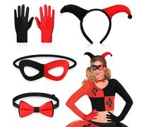 Quinn Jester Costume Accessories for Women & Kids - 5PCS Black & Red Halloween Clown Headband, Eye Mask, Bow Tie, Gloves