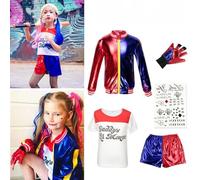 Quinn Si-cide Squad Clownette’s Cosplay Costumes for Kids, Girls Harley Villain Costume Kit Include Jacket, T-Shirt, Shorts, Glove and Tattoo Sticker, for Halloween Carnival Cosplay Fancy Dress (M)