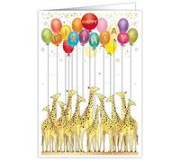 Quire Mac Classic Extra Large Birthday Card - Giraffes & Balloons Design- Beautifully Embossed with Gold and Silver Foil,grey|beige|brown|orange,21 x 30cm