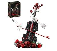 QuirkQuest Gothic Rose Violin Building Blocks Set, 1429Pieces Musical Instrument Model with Skeleton Hands & Red Roses, Collectible Display Decorative Building Kit for Adults & Teens
