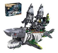QuirkQuest The Ghost Sea Shark Pirate Ship 3.6Mini Building Set, 1155PCS Mechanical Shark Ship Micro Building Bricks Kit, Green Ghost Boat Nautical Toys Gift for Teens Adult Collections Enthusiasts