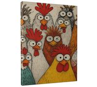 Quirky Chicken Canvas Wall Art, Red Yellow Farmyard Birds Decor, Rustic Country Style for Kitchen, Living Room, Egg Festival Wrapped Canvas 10x12 Inch