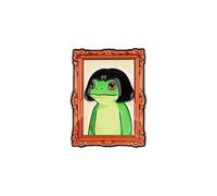 Quirky Frog with Bangs Enamel Pin Hilarious Frame-Shaped Brooch Featuring a Fringed Frog Photo Badge Pin for Backpacks Jackets Hats Humor Gag Gifts Amphibian Meme Decor