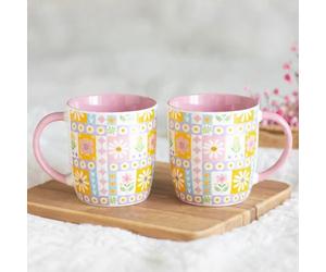 Quitting Hollywood Floral Patchwork Mugs Set of 2 - Ceramic Coffee & Tea Cups - Vintage Style Kitchen Mug Gift for Women
