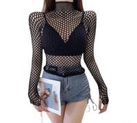 QuivyLivy Ladies Mesh Long Sleeve Tops Sexy Hollow Fishnet(High collar)
