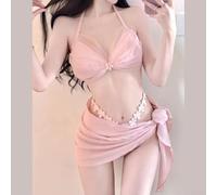 QuivyLivy Women's Three Piece Bikini Set with Adjustable Straps, Tie Up Swimsuit for Beach Vacation and Hot springss, One Size Fits All Pink