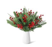 QUIWEN 60PCS Christmas Artificial Pine Branches with Red Berry Stems, Artificial Pine Needles Fake Artificial Pines Sprigs Christmas Foliage Picks for Xmas DIY Craft Greenery Wreath Decorations