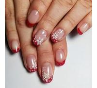 QUIWEN Christmas Press on Nails Square False Nails with Snowflake Design, Red Glitter Acrylic Full Cover Stick on Nails, Shimmery Gel Finish, 24 Pieces