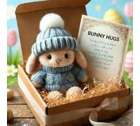Quixion Mini Bunny Hug Cute Easter Gift, Minis Rabbits in Box, Mini Bunnies, Emotional Support Positive Crochet Bunny, Handmade Plush Pocket Hug Rabbit Doll With Card, for Kids Family Friend (Blue)