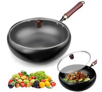 Quixion Wok Non Stick, New Chinese Handmade Cast Iron Wok with Glass Lid, Wok with Lid Non Stick, Cast Iron Wok, No Chemical Coated,Traditional Carbon Steel Woks,Ideal for Induction,Gas,All Hobs 28cm