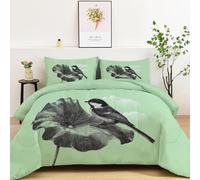 Quixora Animal Tit Bird Lotus Leaf Pattern Comforter Duvet 10.5 Tog, Light Green Reversible Coverless Duvet, Soft Bedding Comforter Sets for All Seasons, Warm Quilt with 2 Pillowcases- 220 x 240 cm