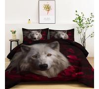 Quixora Animal White Wolf Rose Pattern Comforter Duvet 10.5 Tog, Reversible Coverless Duvet, Soft Bedding Comforter Sets for All Seasons, Warm Quilt with 2 Pillowcases- Machine Washable 260 x 220 cm