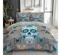 Quixora Bedding Set King Size, Blue And Turquoise Sugar Skulls Duvet Cover, Gray Green Comforter Cover for Kids Teens Boys Girls, Modern Bedroom Decor (3 Pcs)