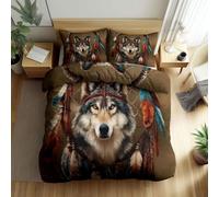 Quixora Bedding Set King Size, Native Americans Dream Net Animals Wolves Duvet Cover Kids Hypoallergenic Comforter Covers, Percale Brown Bedding Fade Resistant Quilt Cover Set Decorative 3 Piece