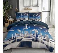 Quixora Bedding Set Single Size, Silver Chess Pieces On Chessboard Duvet Cover Kids Breathable Comforter Cover, Soft Microfiber Dark Blue Bedding Fade Resistant Quilt Cover Set Decorative 3 Piece