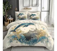 Quixora Beige White Bedding Set for Girls Boys Kids Man Child, Illustration Dolphin And Shipwreck Print Reversible Comforter Cover, 3Pcs Duvet Cover Super Soft King Bed Bedroom Decor