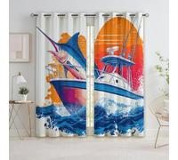 Quixora Blackout Curtains for Bedroom Living Room 66 x 72 Inch Pattern Chinese-style boat and fish Eyelet Thermal Insulated Curtain Noise Reducing Energy Saving Drapes Window Treatment,