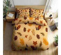 Quixora Breathable Bedding Set Duvet Cover 290 x 235 cm Woodland Animal Fox Autumn Leaves Duvet Cover with 2 Pillowcases Yellow Printed Microfiber Zipper Reversible Bedding Set for Kids Couple