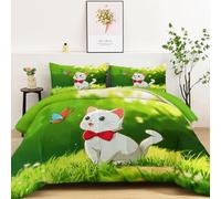 Quixora Cartoon Cat Green Grass Sunshine Pattern Comforter Duvet 10.5 Tog, Reversible Coverless Duvet, Soft Bedding Comforter Sets for All Seasons, Warm Quilt with 2 Pillowcases- 135 x 200 cm