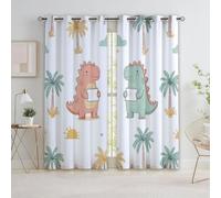 Quixora Cartoon Dinosaur Palm Trees Watercolor Woodland Eyelet Curtains W 66" x L 72" Polyester 2 Panels - Print Thermal & Soundproof Window Dressing for Child Bedroom/Office Energy Saving Curtains