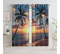 Quixora Eyelet Blackout Curtains 2 Panels 55 x 102 Inch Tropical Beach Palm Trees Skyline Thermal & Soundproof Window Dressing for Apartment villa bedroom Energy Saving Curtains, Coastal Seaside